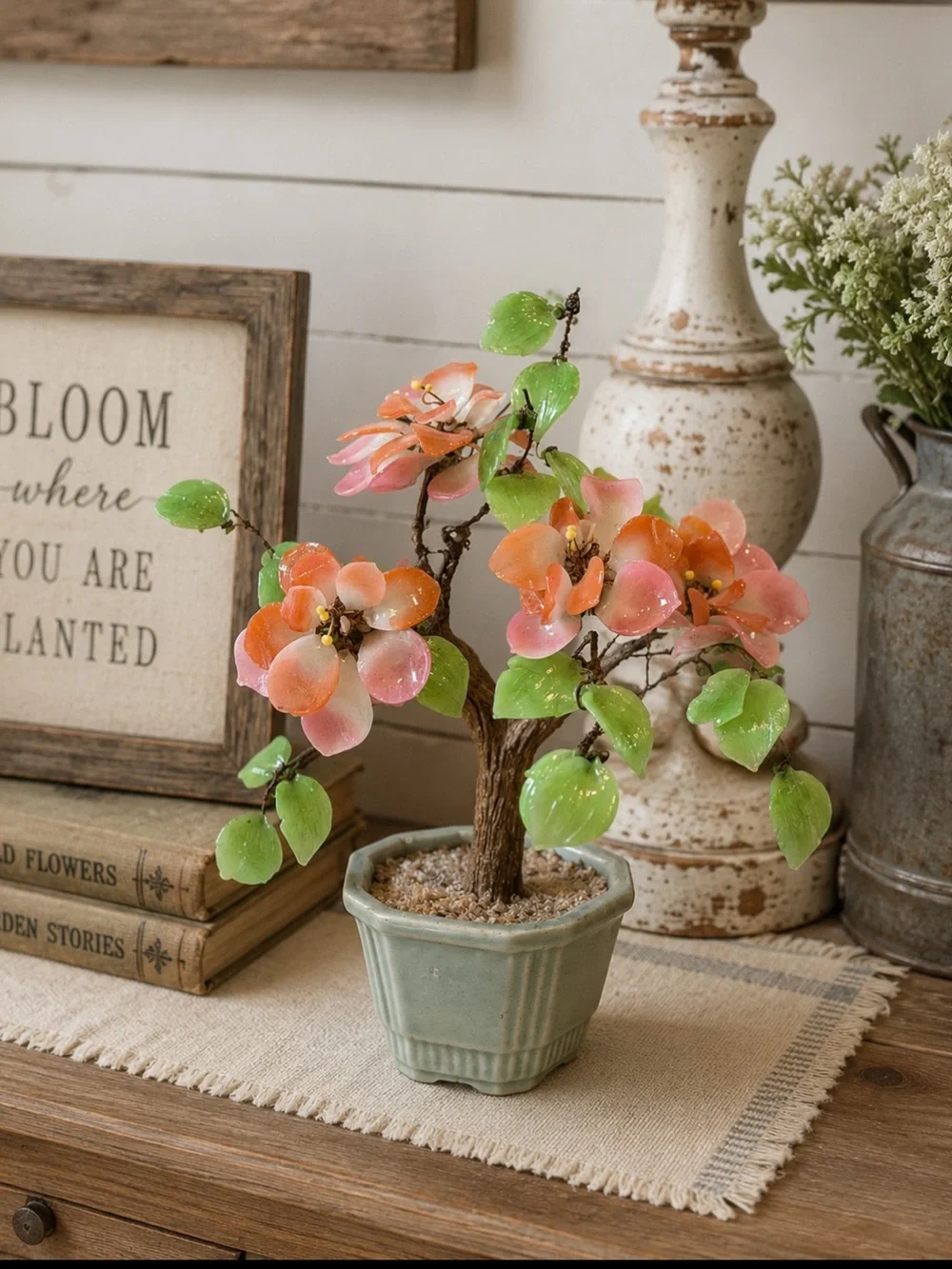 Vintage Asian Cherry Blossom Bonsai Tree. Glass Jade Leaves. 1970’s Unique